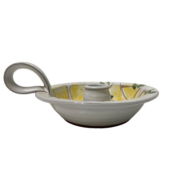 Vintage Hand-Painted Chamberstick Candle Holder Ceramic Redware Floral - Picture 2 of 4